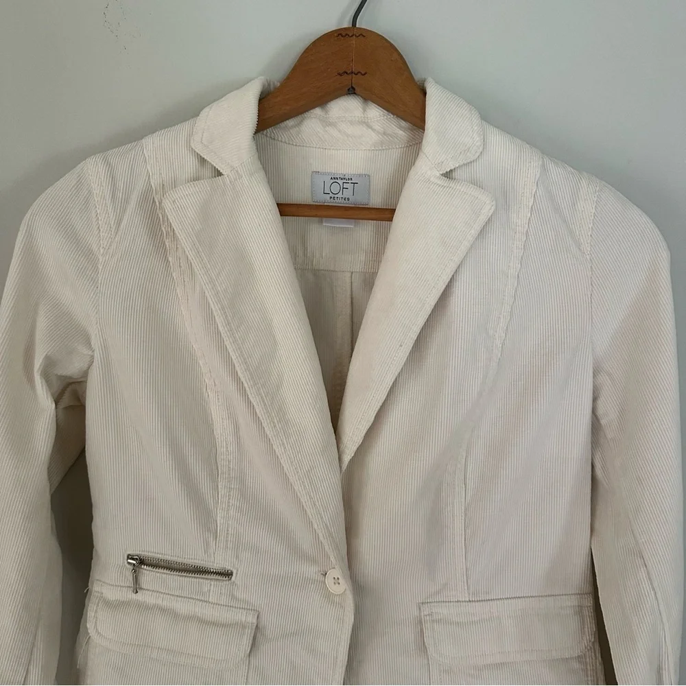 Anne Taylor Loft Corduroy  Blazer Business Casual Minimalist Cream Petite 4